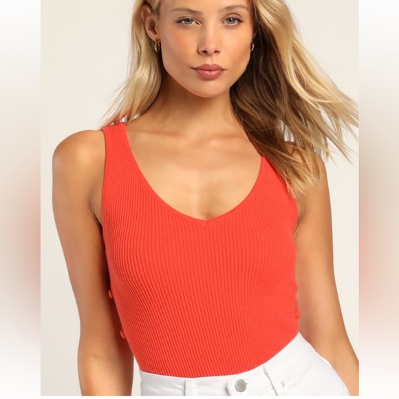 All Buttoned up Ribbed V-neck Bodysuit- Coral - Picture 3 of 7